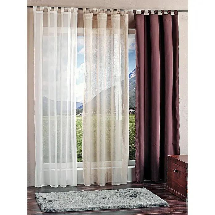 Elbersdrucke Schlaufenschal Effecto - 140 x 255 cm, 100 % Polyester, Weiß - Vorhang-Set mit transparenten, weißen und beigen Vorhängen sowie einem bordeauxroten Verdunkelungsvorhang für ein gemütliches Ambiente.
