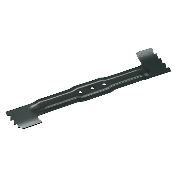 Bosch Messerbalken - Rotak 40 - Nahaufnahme eines Rasentrimmerklinge, ein Ersatzteil für Gartengeräte, mit gezackten Enden und mehreren Löchern.
