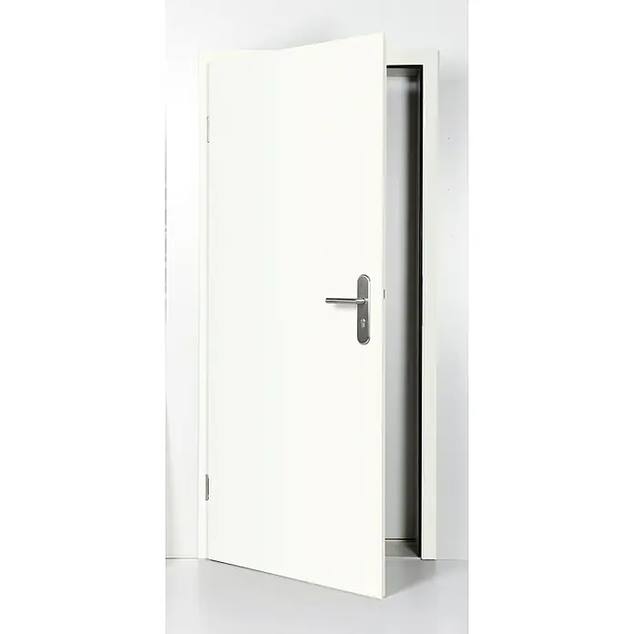 GetaDoor Laminit Wohnungseingangstür GL 223Klimaklasse nach RAL: II, 860 x 2.110 mm, DIN Anschlag: Links, Weiß seidenmatt - Eine moderne, weiße Innentür mit einem eleganten, silberfarbenen Türgriff, die teilweise geöffnet ist und Einblick in den Raum dahinter gewährt.