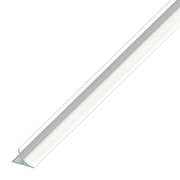 Übergangsprofil - Aluminium, Chrom, 2,5 m x 8 mm - Nahaufnahme eines transparenten Eckprofils aus Kunststoff, das eine saubere und moderne Ästhetik für Innenräume bietet.