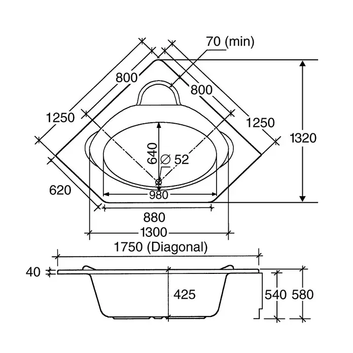 Ottofond Eckbadewanne Agadir - L x B: 125 x 125 cm, Sanitäracryl, Weiß - Technische Zeichnung eines Eckwaschbeckens mit Maßen.
