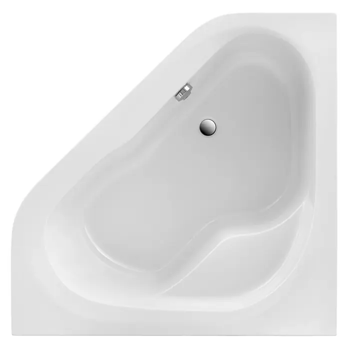 Ottofond Eckbadewanne Tampa - L x B: 135 x 135 cm, Sanitäracryl, Weiß - Ansicht von oben einer weißen Eckbadewanne mit silberfarbenem Abfluss und Überlauf.