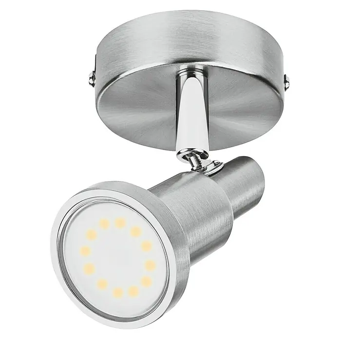 Osram LED-Deckenstrahler - 2,6 W, L x B x H: 80 x 80 x 130 mm, Nickel matt, Warmweiß, 1 Stk. - Nahaufnahme einer einzelnen LED-Deckenleuchte mit gebürstetem Metalleffekt und fokussierter Beleuchtung.