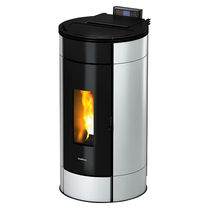 FreePoint Pelletofen Globe - 11 kW, Raumheizvermögen: 252 m³, 0,6 kg/h - 2,5 kg/h, Weiß - Schwarzer und silberner FreePoint-Pelletofen mit sichtbaren Flammen hinter einer Glasscheibe, ideal für behagliche Wärme.