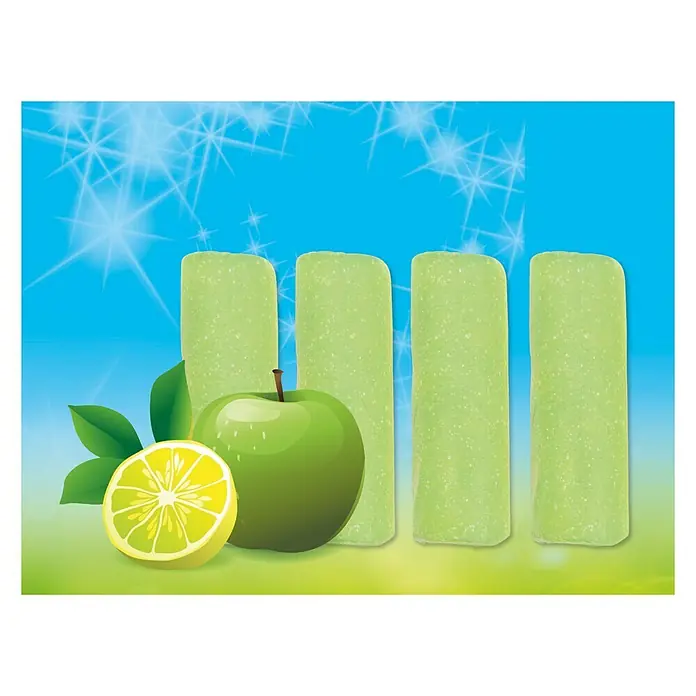 Duftstein Abfluss-Fee - 4 Stk., Apfel-Zitrone - Apfel-Zitronen-Eis am Stiel: Erfrischende grüne Eisriegel mit Apfel und Zitrone auf blauem Hintergrund.