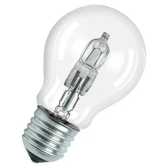 Voltolux Bombilla halógena tubular - Largo: 91 mm, E27, 30 W, 230 V, Blanco cálido - Un primer plano de una bombilla halógena transparente con base de rosca, que ofrece luz brillante y eficiencia energética.