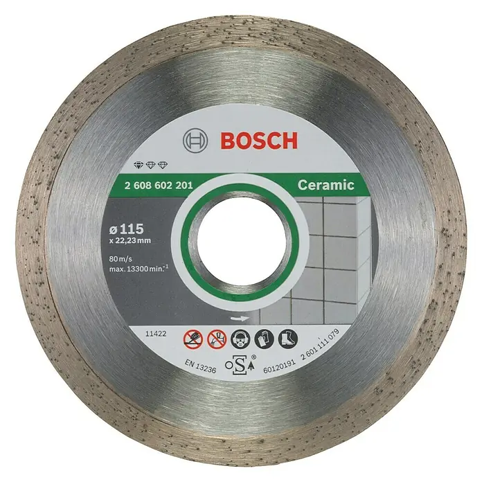 Bosch Diamant-Trennscheibe Standard Ceramic - Durchmesser Scheibe: 115 mm, Geeignet für: Feinsteinzeug - Nahaufnahme einer Bosch Keramik-Trennscheibe mit den Maßen Ø115 x 22,23 mm und einer maximalen Drehzahl von 13300 U/min.