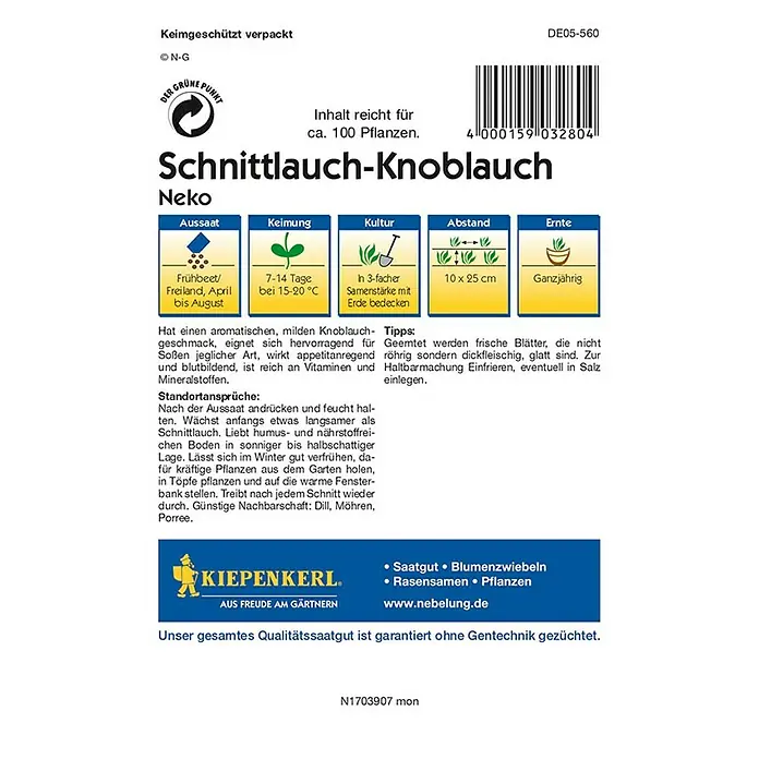 Kiepenkerl Profi-Line Kräutersamen Schnittknoblauch Neko - Allium tuberosum, Saatzeit: April, Erntezeit: Ganzjährig - Bild einer Saatguttüte für Schnittlauch-Knoblauch der Marke Kiepenkerl, ideal für Gartenfreunde, die frische Kräuter lieben.