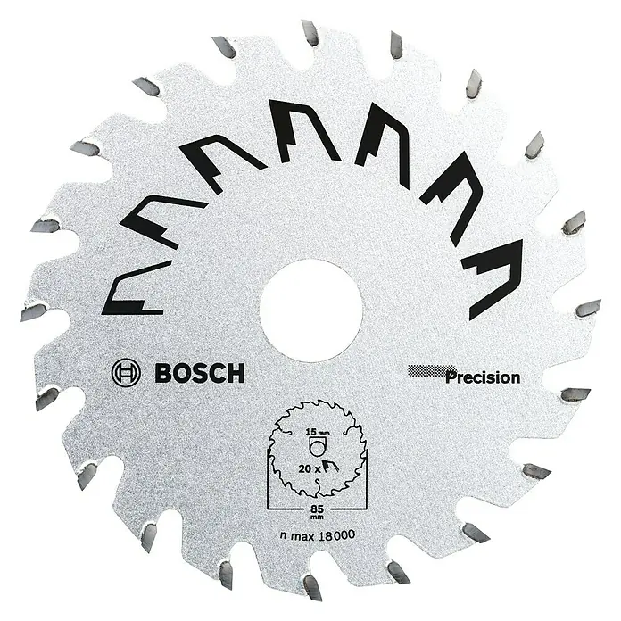Bosch Kreissägeblatt - 85 mm, Anzahl Zähne: 20 Stk., Passend für: Bosch Mini-Handkreissäge PKS 10,8 - Abgebildet ist ein Bosch Kreissägeblatt "Precision" mit einer klaren, hochwertigen Optik für präzise Schnitte.