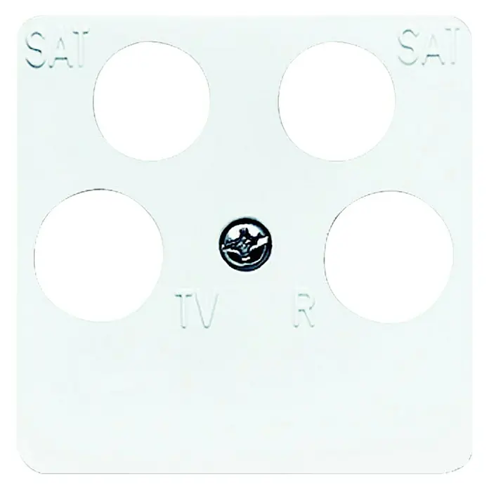 Busch-Jaeger Reflex SI Antennenabdeckung 1746-214-101 + 1743/10-04-214 - Studioweiß, Glänzend, Kunststoff, Unterputzmontage - Weiße Anschlussplatte mit SAT-, TV- und R-Beschriftung, ideal für TV-Installationen und Satellitenanschlüsse im Haus.