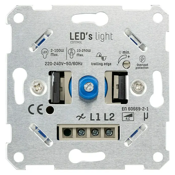 LED-Dimmer - Silber/blau, Aluminium - Detailaufnahme eines LED-Lichtdimmers mit technischen Spezifikationen und CE-Kennzeichnung für den europäischen Markt.