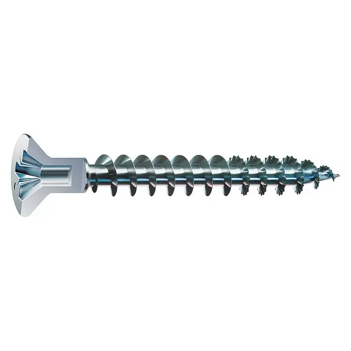 Spax Senkkopfschraube mit Kopfloch4,5 x 60 mm, 25 Stk., Verzinkt, Kopf-Kreuzschlitz (Pozidriv) - Bild einer einzelnen, silberfarbenen Holzschraube mit Senkkopf und scharfen Gewindegängen auf weißem Hintergrund.