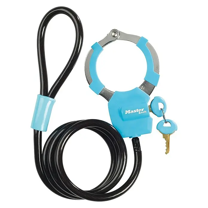 MasterLock Kabelschloss Street Cuff - Länge: 100 cm, Durchmesser: 8 mm, Sicherheitsstufe: Level 6 - Schwarzes Master Lock Kabelschloss mit hellblauen Akzenten und Schlüsseln für Fahrräder oder andere Wertgegenstände, die gesichert werden müssen.
