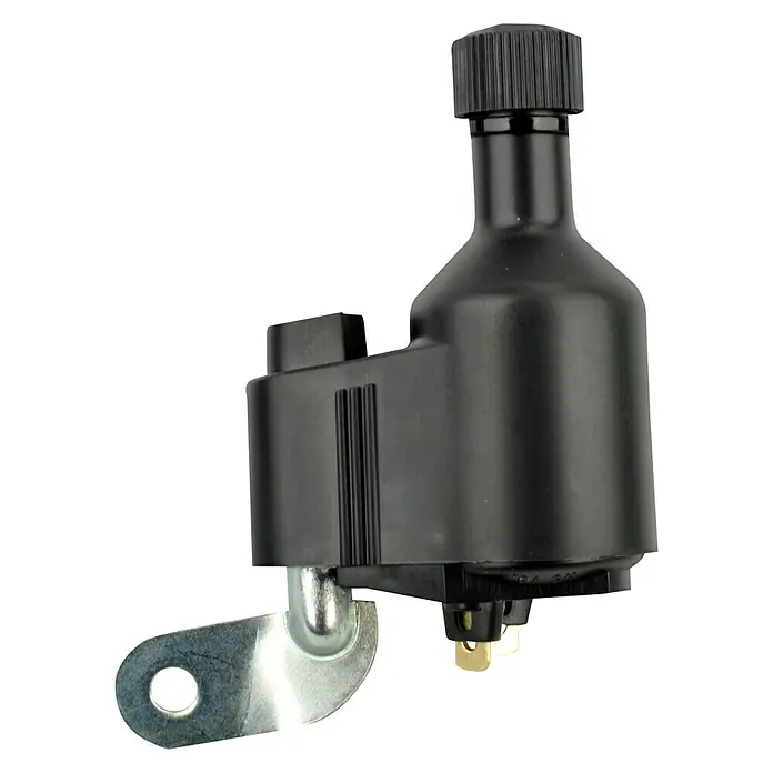 Fischer Dynamo - Befestigung: Links, 6 V, 3 W - Nahaufnahme eines schwarzen Fahrraddynamos mit silberner Halterung vor schwarzem Hintergrund.