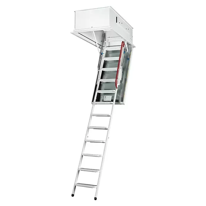 Wippro Bodentreppe Eurostep - 130 x 70 cm, Wärmedämmung: 0,7 W/(m²K) - Weiße Klapp-Dachbodentreppe aus Metall mit rotem Handlauf, für den Zugang zum Dachboden ausgeklappt.
