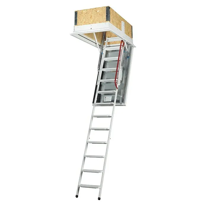 Wippro Bodentreppe Isotec - 130 x 70 cm, Wärmedämmung: 0,33 W/(m²K) - Bild einer ausklappbaren Dachbodentreppe, die aus Holz, Metall und einem roten Griff besteht. Ideal für den Zugang zum Dachboden.