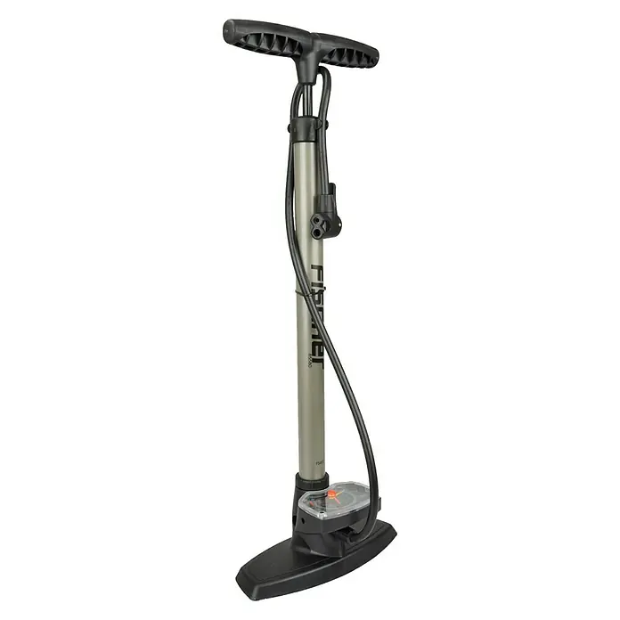 Fischer Standpumpe - Geeignet für: Ventile, Druck: Max. 11 bar - Bild einer Fischer Fahrradpumpe mit Manometer und schwarzem Griff. Ideal zum Aufpumpen von Fahrradreifen und anderen aufblasbaren Gegenständen.