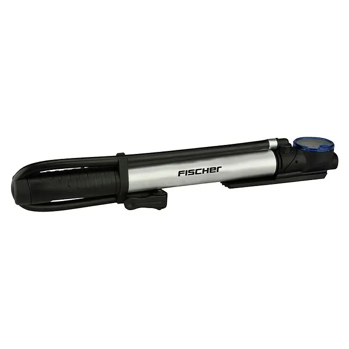 Fischer Mini-Luftpumpe 2 in 1 - Geeignet für: Ventile - Eine tragbare Fahrradpumpe von Fischer in Silber und Schwarz. Ideal für unterwegs, um Reifen schnell aufzupumpen.