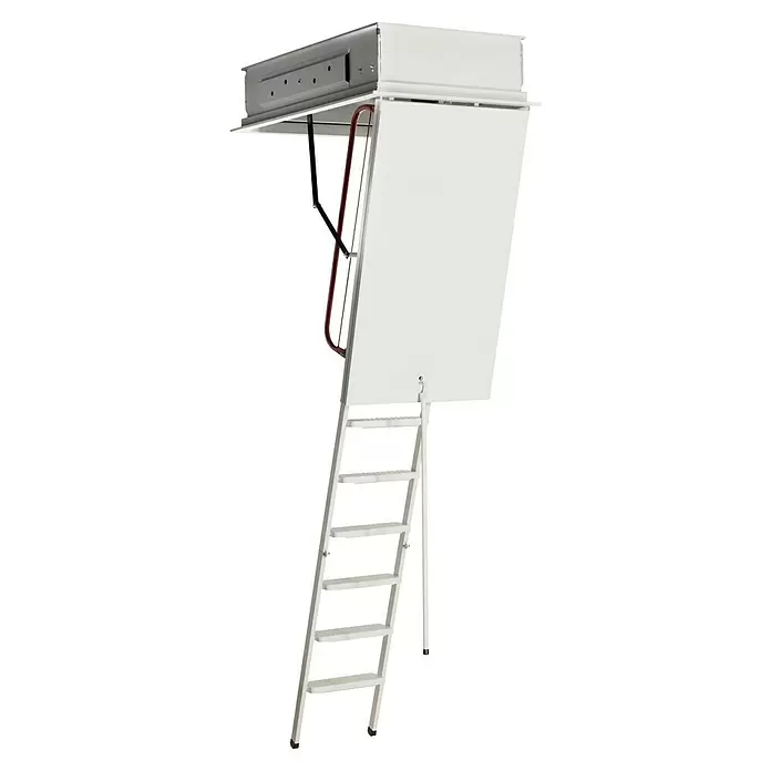 Wippro Bodentreppe Eurostep Smart - 140 x 70 cm, Wärmedämmung: 0,7 W/(m²K) - Weiße Dachbodentreppe zum Ausklappen mit grauem Rahmen und roter Stützstange, voll ausgefahren.