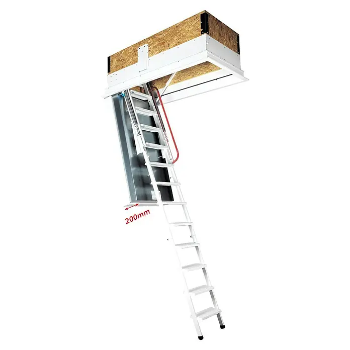 Wippro Bodentreppe Isotec 200 - 120 x 70 cm, Wärmedämmung: 0,17 W/(m²K) - Dachbodentreppe aus weißem Metall mit verstellbaren Sprossen und einem roten Griff zum einfachen Auf- und Abstieg. Das Produkt ist stabil und sicher.