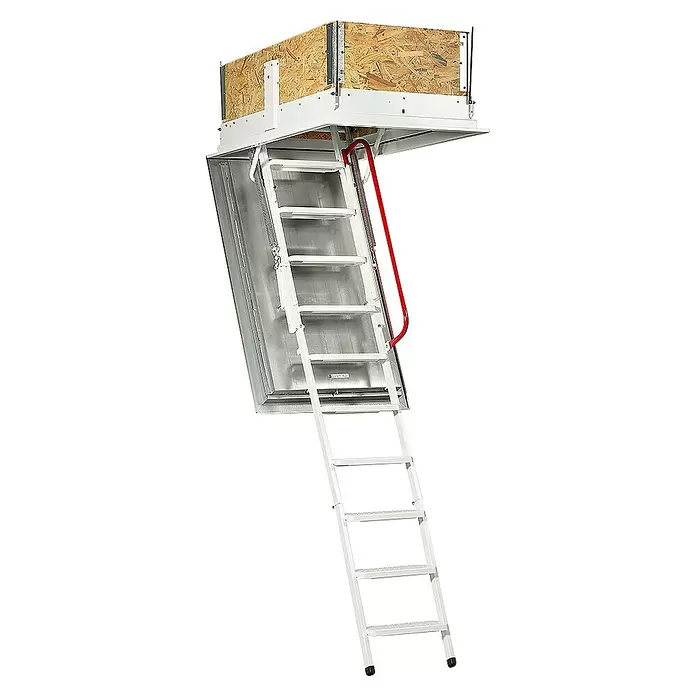 Wippro Bodentreppe Isotec Luxe - 110 x 70 cm, Wärmedämmung: 0,33 W/(m²K) - Weiße Metall-Bodentreppe mit rotem Handlauf und OSB-Rahmen, ausgefahren für den Dachboden.