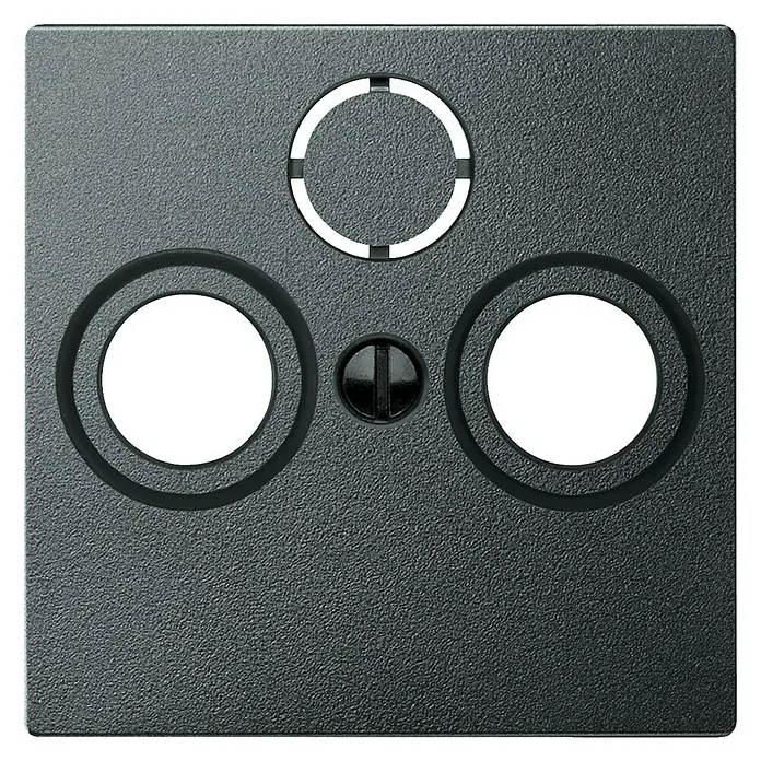 Merten System M Antennenabdeckung 297514 - Anthrazit, 3-fach, Kunststoff, IP20 - Schwarze Adapterplatte mit Aussparungen für Audioanschlüsse und eine zentrale Schraube. Ideal zur Montage von Audio-Equipment.