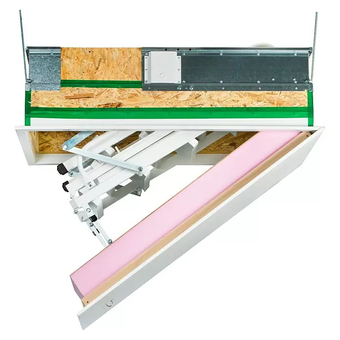 Wippro Bodentreppe Klimastair Smart O BS - 120 x 60 cm, Wärmedämmung: 0,34 W/(m²K) - Querschnitt einer Bodentreppe mit isoliertem Rahmen, weißen Klappstufen und Einbauteilen.