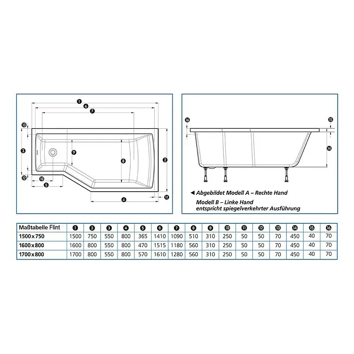 Ottofond Raumsparbadewanne Flint B - 170 x 80 cm, Sanitäracryl, Weiß, Links - Maßskizze des Flint Badewannenmodells mit Abmessungen und Details für verschiedene Größen (1500x750, 1600x800, 1700x800).