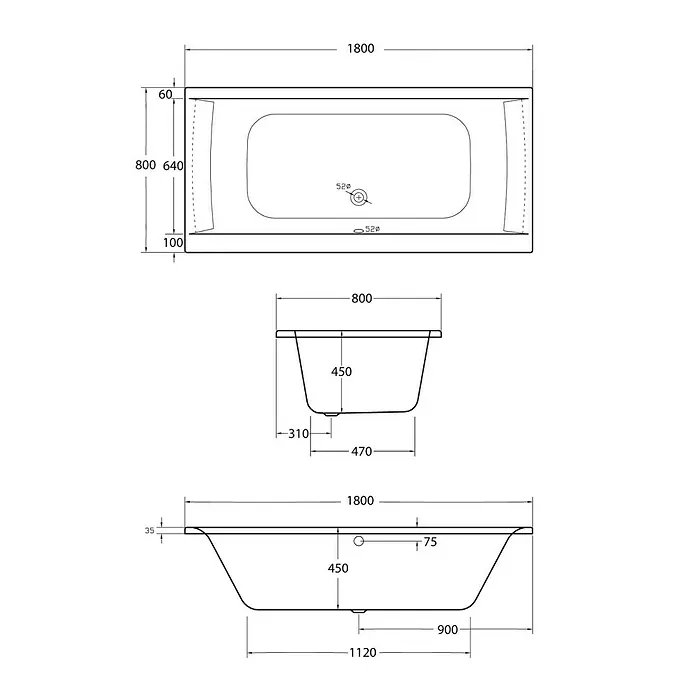 Ottofond Badewanne Palermo - 180 x 80 cm, Sanitäracryl, Weiß - Technische Zeichnung einer rechteckigen Badewanne mit Abmessungen und Details zur Installation, einschließlich Aufsicht und Seitenansicht.