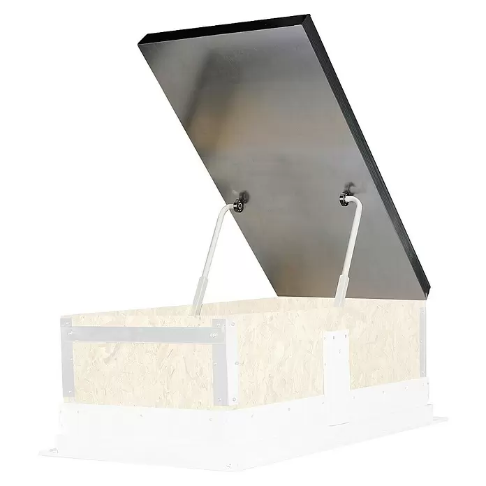 Wippro Bodentreppen-Oberdeckel ADH Isotec - Nicht isoliert, Automatisch nach hinten öffnend, Passend für: Wippro Bodentreppen Isotec, Isotec Luxe, Isotec 200, Klimatec 130 × 70 cm - Holzkasten mit geöffnetem Metalldeckel, gestützt von weißen Armen.