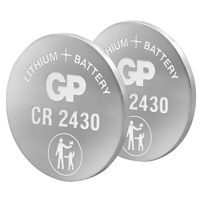 GP Lithium Batterie Knopfzellen CR2430 3V - 2 Stk. - Zwei silberne GP CR2430 Lithium-Knopfzellen mit Kindersicherheitssymbol.