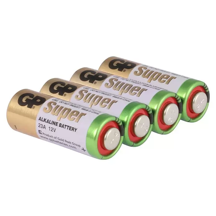 GP Super Batterie 23A 12V Batterien, Alkaline - 23A, Alkali-Mangan, 12 V, 5 Stk. - Vier gold-weiße GP Super 23A 12V Alkalibatterien mit grünen und roten Enden.
