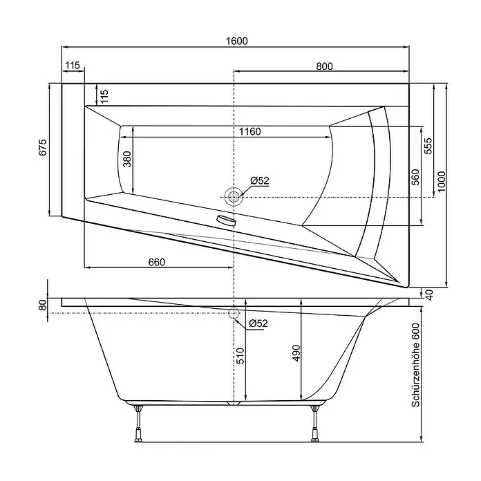 Ottofond Raumsparbadewanne Cebu 1 A - 160 x 100 cm, Sanitäracryl, Weiß, Rechts - Technische Zeichnung einer Badewanne mit Maßangaben.