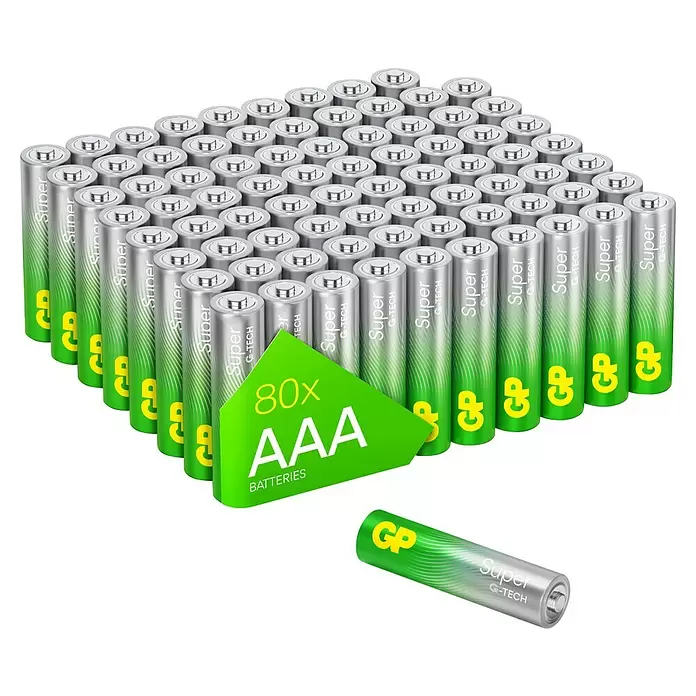 GP Super Alkaline-Batterie - Micro AAA, Alkali-Mangan, 1,5 V, Anzahl: 80 Stk. - Eine Großpackung mit 80 silber-grünen GP Super G-TECH AAA-Batterien, eine Batterie separat gezeigt.