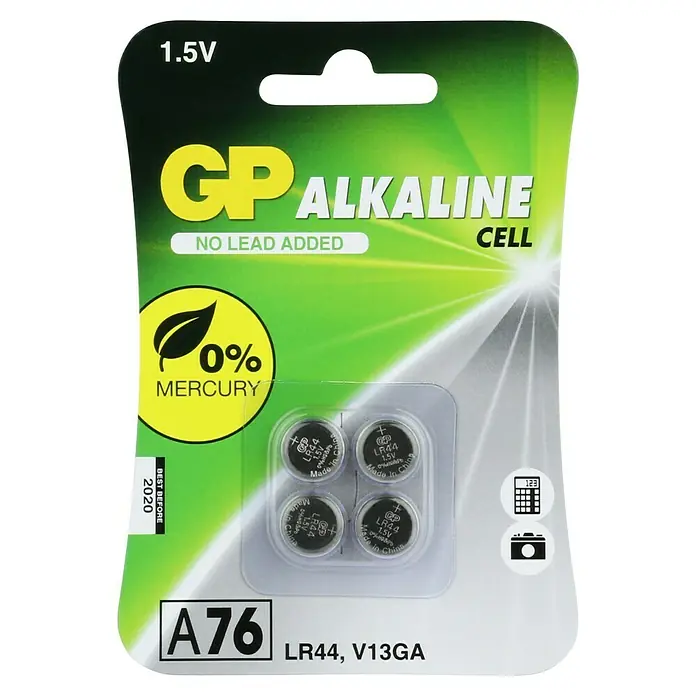GP Knopfzelle Batterien LR44, Alkaline - 1,5 V, 4 Stk. - Abbildung einer Blisterpackung GP A76 Alkaline Knopfzellenbatterien, quecksilberfrei, ideal für kleine elektronische Geräte.