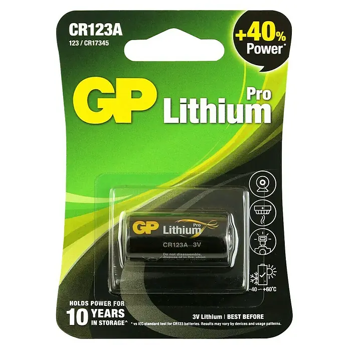 GP Batterie Pro Lithium - CR123A, Lithium, 4 Stk. - Bild einer GP CR123A Lithium Pro Batterie, die bis zu 10 Jahre im Speicher haltbar ist und 40% mehr Leistung bietet.