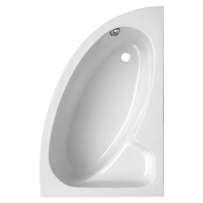 Ottofond Raumsparbadewanne Sansibar A - 150 x 97 cm, Sanitäracryl, Weiß, Rechts - Aufsicht einer modernen, weißen, asymmetrischen Badewanne mit Armatur und Überlauf. Ideal für kleine Badezimmer.