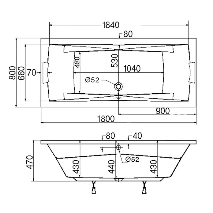Ottofond Badewanne Santos Duo - 180 x 80 cm, Sanitäracryl, Weiß - Detaillierte Schemazeichnung einer Badewanne mit allen Maßen und Abmessungen für Installationszwecke.