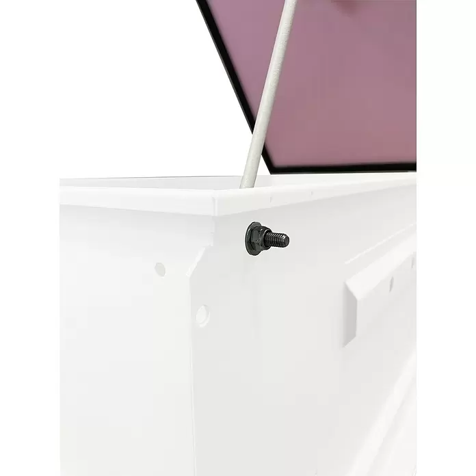 Wippro Bodentreppen-Oberdeckel HOD Eurostep - Isoliert, Manuell bedienbar, nach hinten öffnend, Fixierstab, Passend für: Wippro Bodentreppe Eurostep 120 × 60 cm - Weiße Aufbewahrungseinheit mit offenem violettem Deckel, gestützt von Stange, mit schwarzem Bolzen.