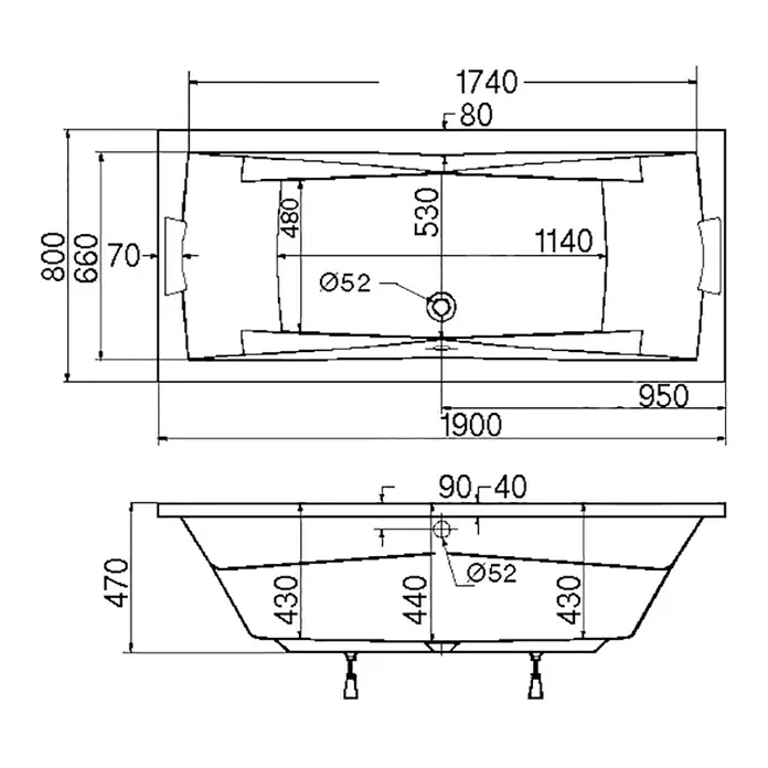 Ottofond Badewanne Santos Duo - 190 x 80 cm, Sanitäracryl, Weiß - Technische Zeichnung einer Badewanne mit Maßen und Details zur Konstruktion und zum Design.