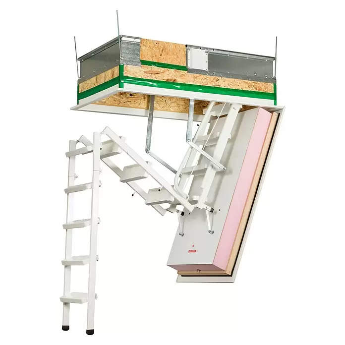 Wippro Bodentreppe Klimastair Smart O BS - 120 x 60 cm, Wärmedämmung: 0,34 W/(m²K) - Weißes Dachbodenleiter-System mit isolierter Luke und Holzrahmen, teilweise ausgeklappt zur Montage.