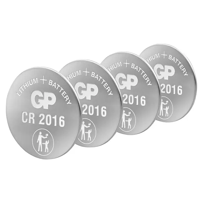 GP Lithium Batterie Knopfzellen CR2016 3V - 4 Stk. - Vier silberne GP CR 2016 Lithium-Knopfzellen mit Kindersicherheitssymbolen.