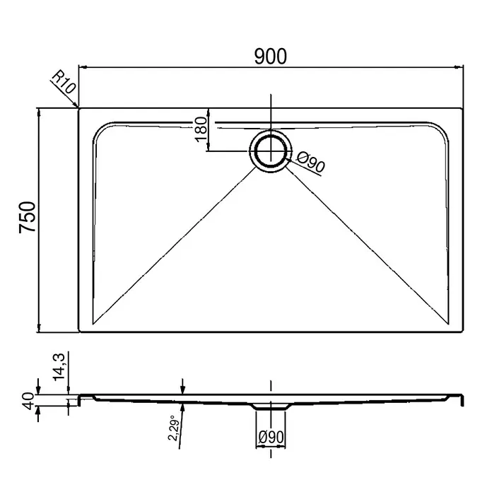 Ottofond Duschwanne Coco-R - L x B: 90 x 75 cm, Kunststoff, Weiß - Technisches Schema einer rechteckigen Duschwanne mit den Maßen 900 x 750 mm und einem Durchmesser des Ablaufs von 90 mm.