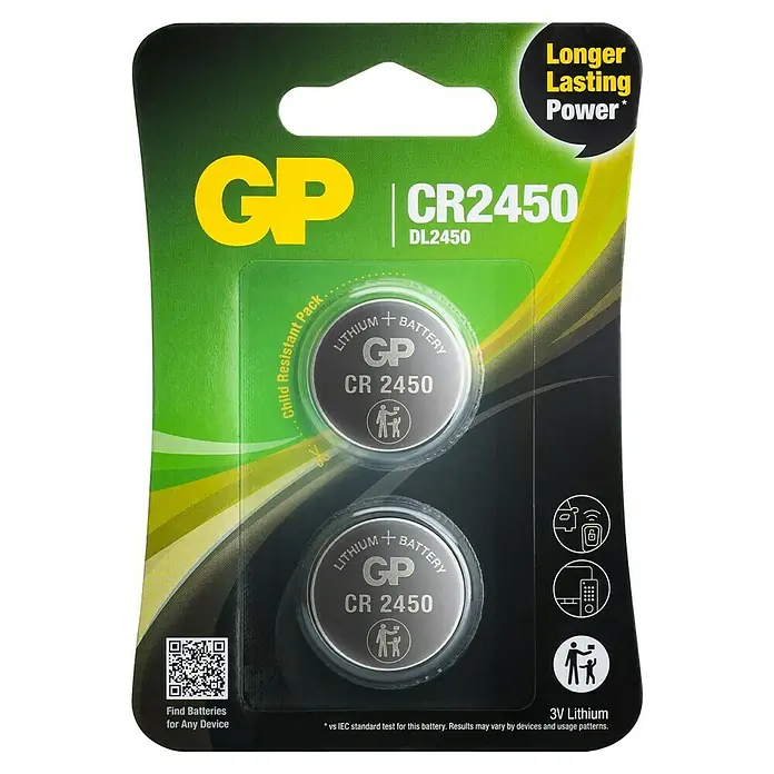 GP Lithium Batterie Knopfzellen CR2450 3V - 2 Stk. - Abbildung einer GP CR2450 3V Lithium Batterie in der Verpackung, die eine längere Lebensdauer verspricht und kindersicher ist.