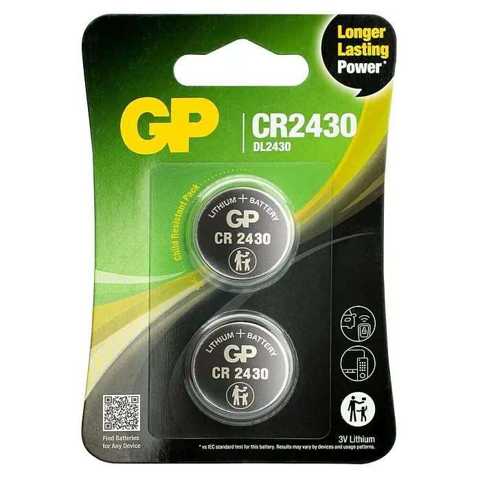 GP Lithium Batterie Knopfzellen CR2430 3V - 2 Stk. - Abbildung einer GP CR2430 Lithium Batterie mit 3V, ideal für kleine elektronische Geräte, in einer kindersicheren Verpackung für längere Lebensdauer.