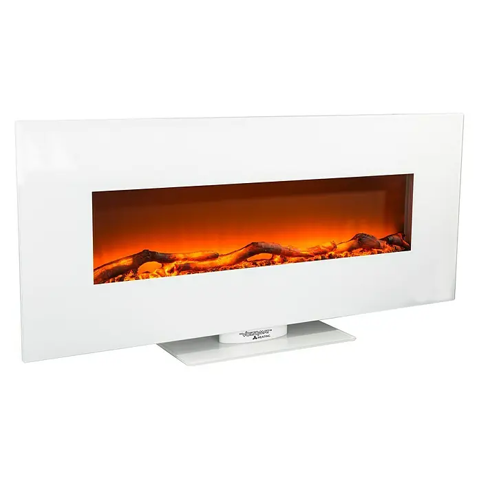 Voltomat HEATING Stand- & Wandkamin Flat - Weiß, 26 x 128 x 61 cm - Nahaufnahme eines modernen weißen Elektrokamins mit simulierten Holzscheiten und warmem Licht für eine gemütliche Atmosphäre.
