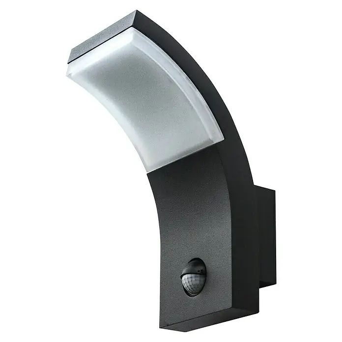 Starlux LED-Sensor-Außenwandleuchte Vincenza - 7 W, L x B x H: 122 x 84 x 190 mm, Silbergrau, Opal, Warmweiß - Eine moderne, gebogene Außenwandleuchte in Schwarz mit Bewegungssensor. Ideal für die Beleuchtung von Eingängen und Wegen rund ums Haus.