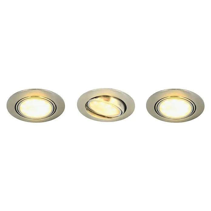 Tween Light LED-Einbauleuchten-Set rund - 15 W, Nickel matt, Warmweiß - Nahaufnahme von drei LED-Einbaustrahlern mit gebürstetem Nickelrahmen auf schwarzem Hintergrund.