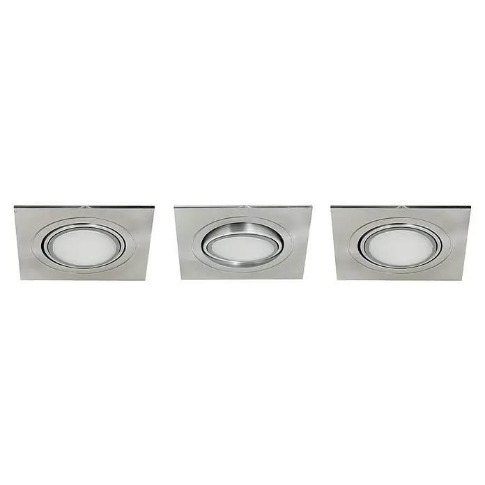 Tween Light LED-Einbauleuchten-Set eckig - 15 W, Nickel matt, Warmweiß - Abbildung von drei quadratischen Deckeneinbaustrahlern in Silber mit runder LED-Beleuchtung.