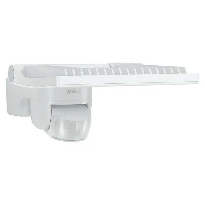 Steinel LED-Sensor-Strahler XLED home 2 S weiß - 13,7 W, L x B x H: 161 x 180 x 218 mm, Weiß, IP44 - Nahaufnahme einer STEINEL Außenleuchte mit Bewegungsmelder. Das weiße Gehäuse und das schlanke Design machen sie ideal für moderne Außenbereiche.